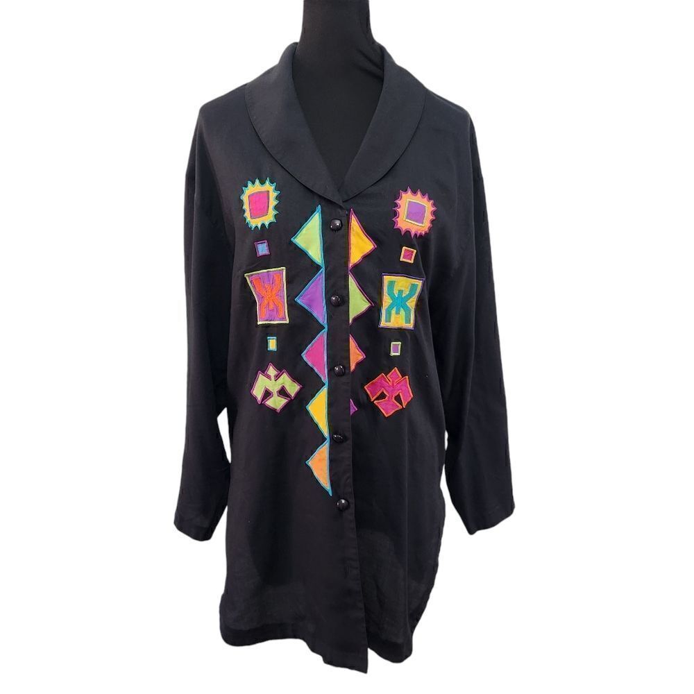 Vintage Button Up Shirt Womens L XL Black I.B. Diffusion Color Block 90s Y2K